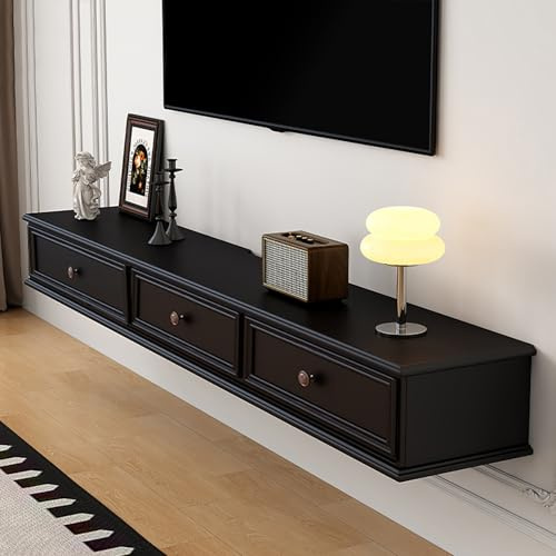 Modern Floating TV Console - Wall-Mounted Multimedia Unit with Storage for TVs Up to 100 Inches (Black 200 cm) - Stylish Entertainment Center with Shelf