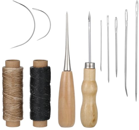 LXUEJIE Set di 2 aghi in pelle, filo di cera con aghi da cucito, ditale, filo resistente agli strappi, filo da cucito, ago da cucito, filo per cucito in pelle, per lavori fai da te