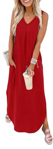 WIHOLL Summer Dresses for Women UK 2026 Maxi Dress Ladies Beach Coverups Casual Loose V Neck Sleeveless Side Slit Long Sundresses with Pockets Vacation Red L