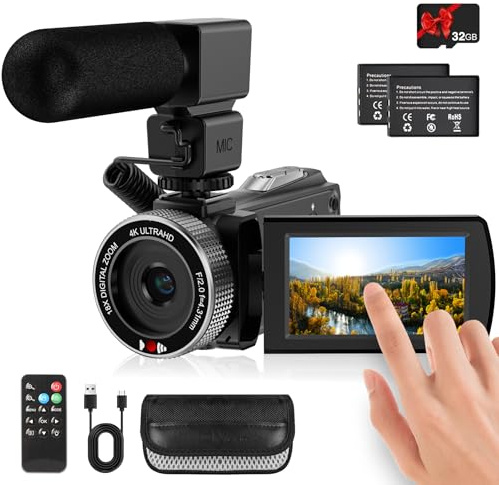Rawiemy Videocámara Full HD 4K 48MP Vlogging Cámara para YouTube, grabadora de cámara digital, cámara de vídeo para grabar con pantalla táctil de 3 pulgadas, 2 baterías y tarjeta SD de 32 G