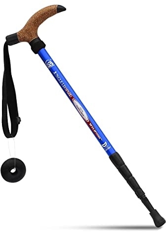 KRY Bergstock / Wanderstock, T-förmiger Griff, einziehbar, aus Luftfahrt-Aluminiumlegierung, verstellbare Teleskopstange, Stoßdämpfung, himmelblau