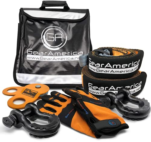 GearAmerica Off-Road Recovery Kit | Abschleppgurt + Baumschoner + Snatch Block + Schwarz D Ringschäkel + Windenleine Dämpfer Tasche + Wiederherstellungshandschuhe | Ultimatives 4x4 Windenzubehör