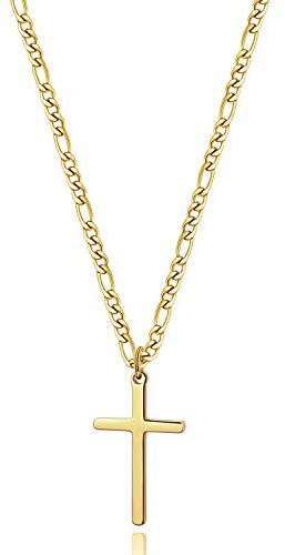 Joxevyia 14K Gold Filled Cross Necklace for Men Figaro Chain Stainless Steel Plain Polished Cross Pendant Necklace Simple Faith Jewelry Gift for Boys 18