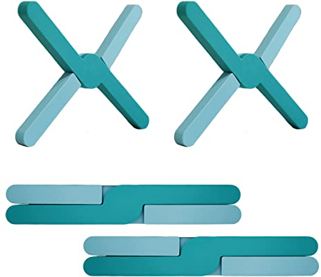 Ben & Bel Stylish X-shaped Foldable Silicone Trivets Set of 2, Non-Slip Worktop Protector Heat Resistant for Hot Pans/Dishes/Plates/Pots, Ideal for Camping/Caravan, Blue+Blue