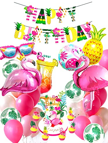 Regendeko Flamingo Ananas Set Geburtstagsdekoration Sommerfest Flamingo Party Dekoration Ananas deko Hawaii deko Tortendeko Folienballons Geburtstag Urlaub Sommer Deko