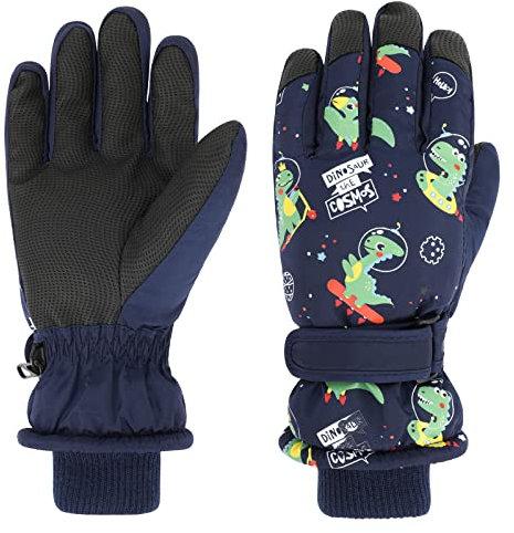 QKURT Guanti da Sci per Bambini per Ragazzi e Ragazze, Guanti da Neve Impermeabili Invernali, Guanti per Sport all'Aria Aperta per Tempo Freddo con Motivo Dinosauro per Slitta Snowboard Sci, 7-9 Anni