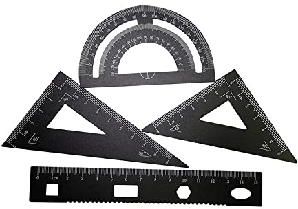 4 delar svart matematik geometri verktyg aluminiumlegering triangel linjal fyrkantigt set, studenttillbehör ritset inklusive gradskiva