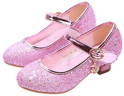 JLHu Fille Bout Fermé Chaussures de Princesse Elsa Cendrillon Aurora Talon Haut Chaussures pour Déguisement Enfant Anniversaire Carnaval Noël Soirée Mariage Sandales Antidérapante,Rose,27