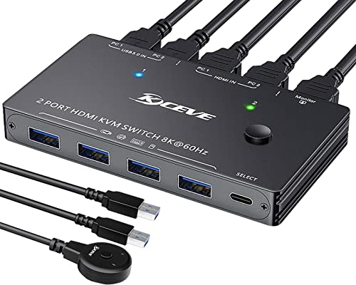 YOUTINGHDAV USB 3.0 KVM Switch HDMI 2 Port 8K@60Hz 4K@120Hz, HDCP 2.3 HDMI 2.1 KVM Switch 2 PC 1 Monitor Teilen Tastatur Maus, mit Wired Remote