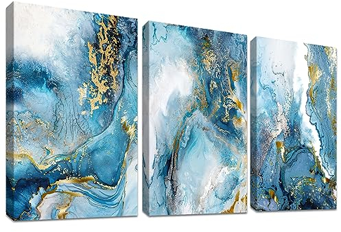 3Pcs Goldener Blauer Ozean Nordischer Marmor Mit Rahmen Leinwand Bilder Abstrakt Bild auf Leinwand Malerei Poster Leinwandbild Wandbilder Wohnzimmer Schlafzimmer Wanddekoration 150x70cm (20x28x3pcs)