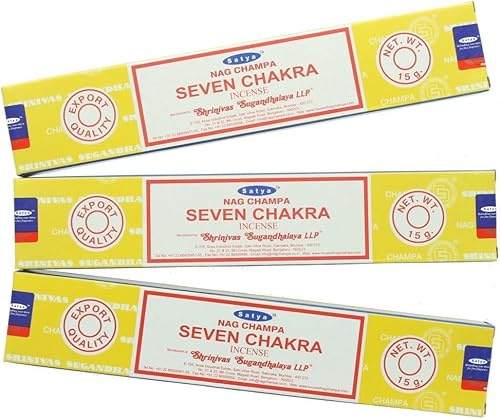 Satya Nag Champa Seven Chakra Lot de 3 paquets de bâtons d'encens 100 % naturels faits à la main pour soulager le stress, la décoration spirituelle, l'estompage et la méditation