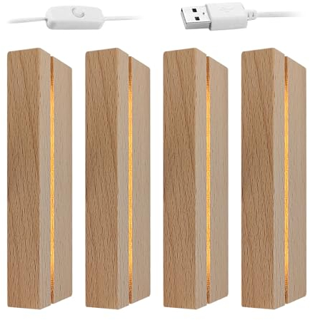 QENETY Wooden LED Lighted Base Stand, 4.33 Inch LED Lights Display Base, Rectangle Display Pedestal for Crystal Glass Resin Art Home Decor (4pcs)