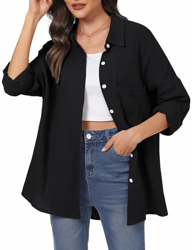 Aottori Musselin Bluse Damen Oversize Hemdbluse Oberteile Langarm Hemd Longbluse Langarmshirt Elegant V-Ausschnitt Baumwolle Lockere Blusenshirt Blusen Tunika mit Tasche Schwarz S