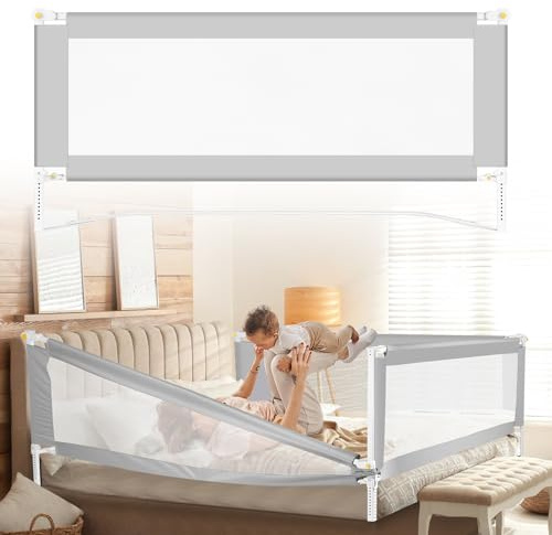 Tubiaz 200 cm sänggaller, skydd, vikbart sängskydd med U-formade fötter, barnsängsskydd justerbar höjd 68–95 cm, babygaller med luftigt nät, lätt att montera, grå