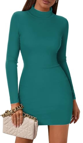 Zeagoo Womens Dresses Long Sleeve Turtle Neck Bodycon Dress Teal Blue L
