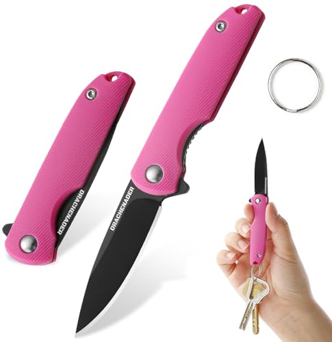 DRACHENADER Mini fällkniv, fickkniv 5, 2 cm bladlängd, 5cr13mov stål enhandskniv, liten nyckelkniv, för kvinnor utomhus, blad svart – knallrosa handtag