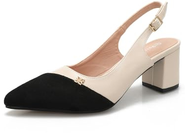 QiBusLeen Fashion Splicing Slingback Heels for Women Pointed Toe Women's Two Toned Low Chunky Heeled Pumps Strap Buckle Suede Leather Party Dress Shoes 2.36 Inch Beige