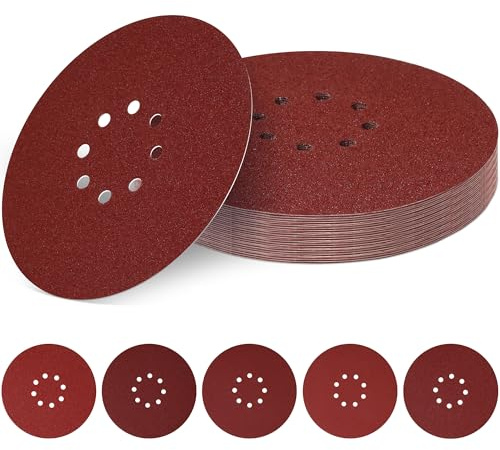 30 Pièces Disques de Ponçage 225 mm, 8 Trous Disques Abrasifs 225 mm Ronds Papier Abrasif for Ponceuse pour Cloisons Sèches Ponceuse Girafe (60 pièces grain 40, 80, 120, 180, 240)