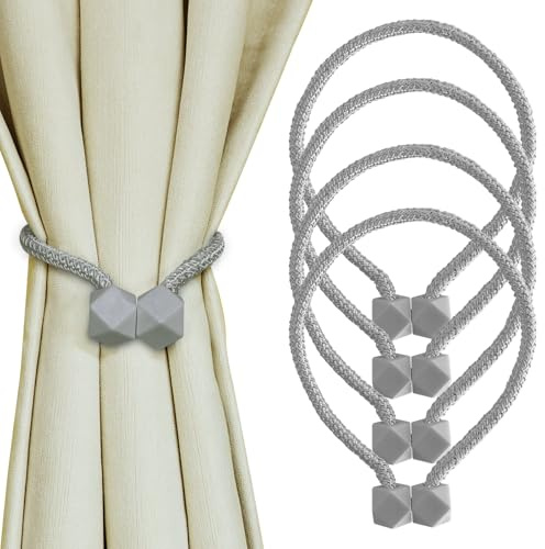 Yazikisa Fermatenda per tende, colore grigio, 4 pezzi, magnetici, fermatenda per tende, supporto magnetico, corda, clip moderne, per lavori a maglia, soggiorno, accessori esterni, ufficio