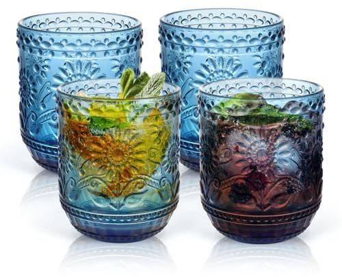 Topsky Juego de 4 vasos de cóctel de 360 ml, multicolor (4 azules), para cócteles, vasos de zumo, aptos para lavavajillas y apilables, diseño moderno