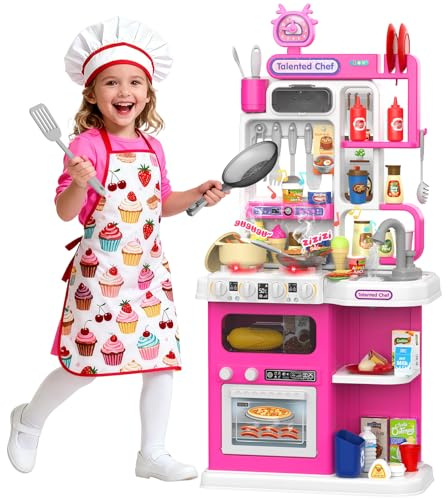 Kids Kitchen Playset, 36.22'' Play Kitchen for Toddlers 1-3 with Steam, Sound & Light, Cooking Stove, Play Sink, Oven and Toy Kitchen Accessories, Kitchen Set for Toddlers Girls 3 4 5 (Pink)