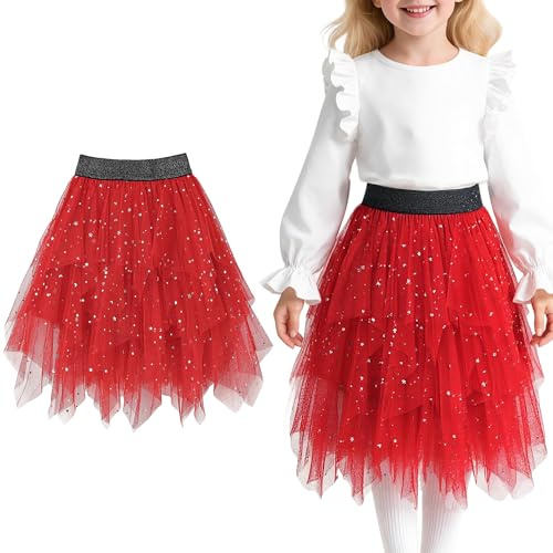 Baogaier Filles Jupe Tulle Tutu Paillettes Élégante Midi-Longue sous-Jupe superposée A-Line Elastique Taille Jupes dans Prom Party Carnaval Halloween Costume Adolescents 7-8 Ans, Rouge