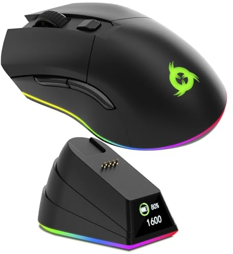 KLIM Blaze Pro - Souris Gamer sans Fil RGB Rechargeable avec Station de Charge et Écran LCD - Capteur Haute Précision avec Batterie Longue Durée -Jusqu'à 6000 DPI - Souris Filaire et sans Fil