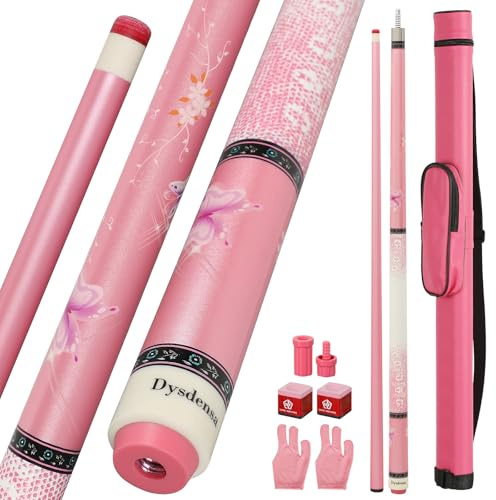Dysdensa Pink Pool Cue 19oz - 58 inch Canadian Maple Wood 13mm Leather Tip, Floral Design Metallic Paint Lacquer, 3/8×8 Joint with Case, Chalks, Gloves, Protectors​ (MQ19-PINK)