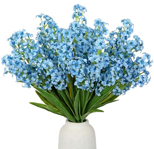 Oairse 5 st små konstgjorda blommor, silkesblå blommor med stjälkar, falsk hyacintblomma för mittpunkten vårblomstjälkar för vaser, fyllmedel, bondgård, falska vildblommor för hem, kök, bordsdekor