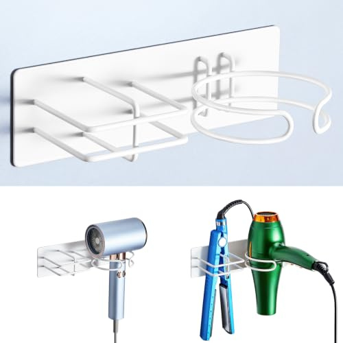 XILIMEN Hair Dryer and Straightener Holder Wall Mounted, Self Adhesive Metal Blow Dryer and Flat Iron Curler Storage Organiser Stand for Dressing Table Bathroom (White)