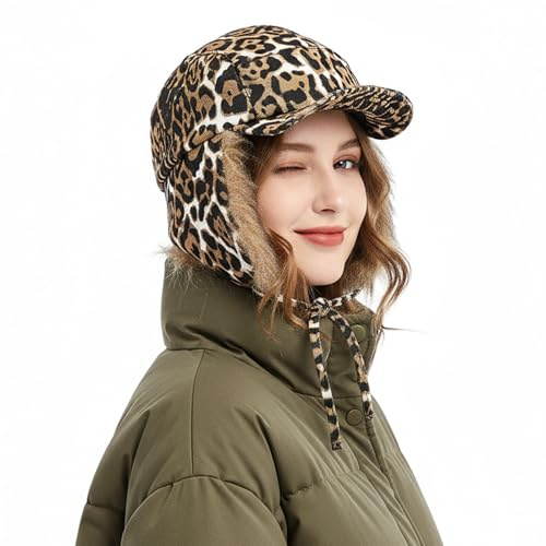 FakeFace Chapka Hiver en Fausse Fourrure pour Adulte Casquette avec Oreillette Bonnet de Russe en Motif d’Imprimé Léopard Bonnet Chaud Coupe-Vent et Imperméable pour Femme Homme