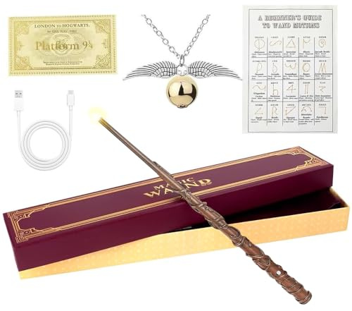 Lotvic Baguette magique Hermione Granger avec lumière, 38 cm, baguette magique Hermione, baguette de sureau, rechargeable par USB, avec carte de sort, collier et ticket de station