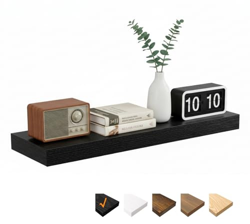 RICHER HOUSE svarta vägghyllor, 80 x 23,5 x 3,8 cm väggbräda MDF-trä | Trähylla vägg med osynliga fästen, svävande hylla för sovrum, vardagsrum, badrum, kök, tvättstuga, kontor