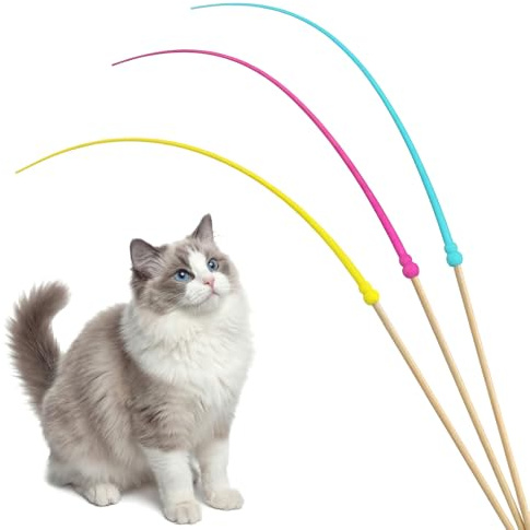 Larrel Silicone Cat Toys Wand, 3 Pcs Cute Colorful Cat Teaser Wand, Lightweight Silicone Cats Wands Toy for Indoor Cats Kittens Exercise