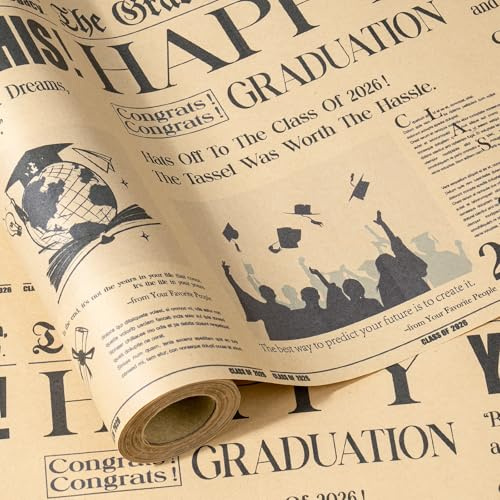 RUSPEPA Carta da Regalo Kraft Vintage con Tema Laurea - Stampa Retro con Titolo The Graduation Times, Cappelli e Diplomi, Carta Regalo Kraft per i Laureati della Classe del 2026, 43,2 cm x 5 m