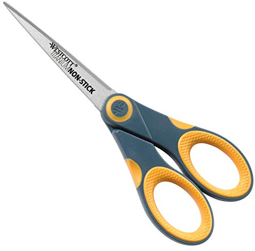 WESTCOTT Schere, weicher Griff, rostfrei, Titanium-Nitrid Antihaft-beschichtet, Basteln, Büro, Handarbeit, DIY, 18 cm, grau/gelb, E-33670 00