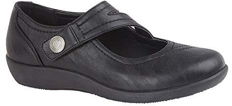 Boulevard Ladies Womens Flat Touch Fastening Wide EE Fit Bar Shoes Includes Free Pair of UBERSHOES Insoles (6 UK, Black)