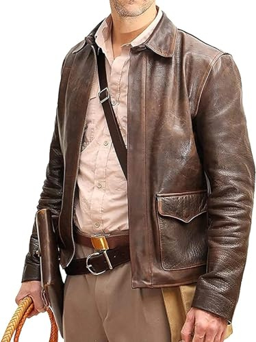 HiFacon Indiana Jones Harrison Ford läderjacka för män av äkta nötläder, använd look, Brun – äkta läder, L