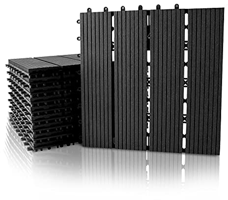 Jiubiaz Baldosas WPC 30x30 cm para terraza, Juego de 11 Piezas de 1m², Aspecto Madera, Apto para jardín. Suelo de balcón con desagüe y Sistema de Clic. Losas de balcón. Negro