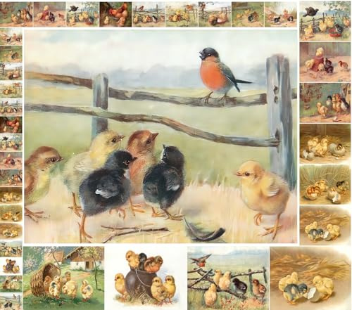 Decoupage Paper Pack (21 Sheets 6x8) Baby Chicks Easter FLONZ Vintage Styled Easter Cards Pictures for Decoupage, Craft and Scrapbooking