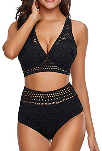 Bikini push-up pour femme - Pour l'été - Pour la plage - Bikini push-up - 2 pièces - Dos nu - Style rétro - Taille haute, Noir , L