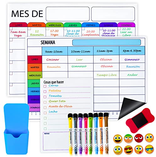 Calendario magnetico Nevera - Pizarra magnetica Nevera - Planificador semanal magnetico - Imanes Pizarra magnetica - Incluye 3 pizarras, 8 marcadores, 8 Stickers, 1 Borrador y 1 Vaso Porta marcadores
