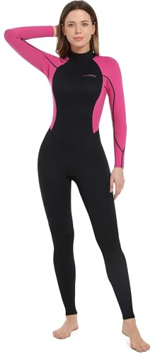Dark Lightning Full Body Wetsuit Women, 3/2mm Wet Suit for Women Cold Water Swimming, Womens Diving Surfing Snorkeling Kayaking Water Sports,Triathlon Wetsuit, Red Rose, Large