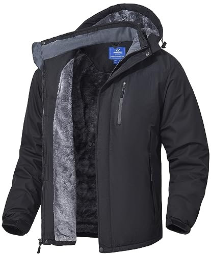 SPOSULEI Herren Winter Fleecejacke Warme Verdickt Gefüttert Skijacke Outdoor Winddicht Wasserdicht Jacke mit Abnehmbarer Kapuze für Wandern Schwarz M