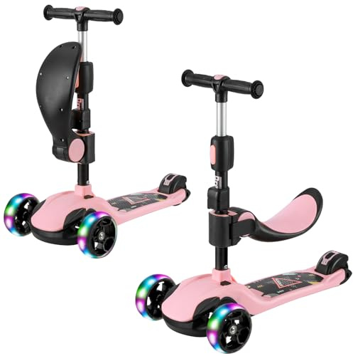 BremToy Patinete para Niños de 1 a 12 Años, Ajuste de Altura Infinito, Patinete con Asiento Extraíble, 3 Ruedas Brillantes LED, Carga Máxima 50KG, Rosa Claro