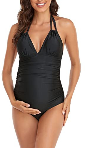 Cicano - Costume da bagno premaman intero elegante, stile halter, con scollo a V, per la gravidanza, Nero , S