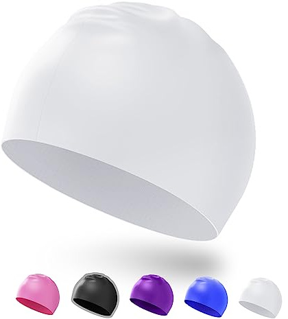 Darbermu Kids Swimming Caps, Silicone Swim Cap for Kids Children Boys and Girls, Stretchable and Comfortable Swimming Hats, Waterproof Bathing Caps for Long and Short Hair (White)