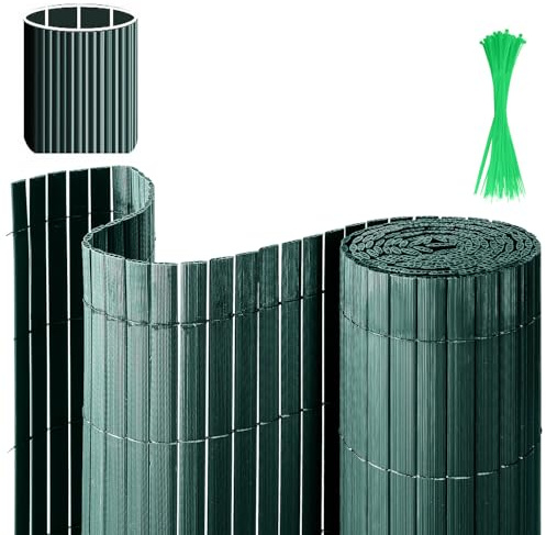 Eulenke PVC Sichtschutzmatte, 90 x 1000cm DREI Rippenverstärkungen Sichtschutzzaun mit Kabelbindern, Innen Verstärkte Lamellen, Windschutz Balkon Sichtschutz für Zaun Garten Terrasse, Grün