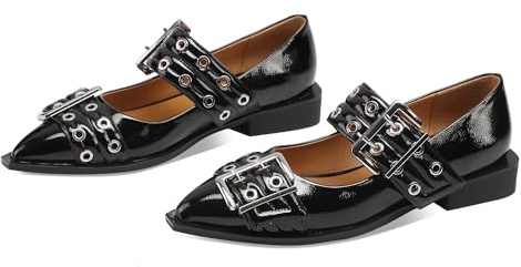 Ballerina Flats for Women Pointed Toe Flats with Studs Buckle Ballet Flats Comfortable Low Heeled Flats, Black, 7 UK
