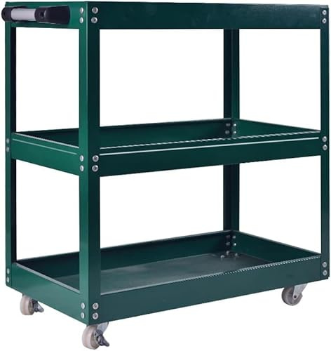 Durable Steel Garage Trolley Workshop 3 Tier Wheel Cart Shelf Heavy Duty Ideal Tool Storage Solution for Your Garage and Mechanical Environment (Green)